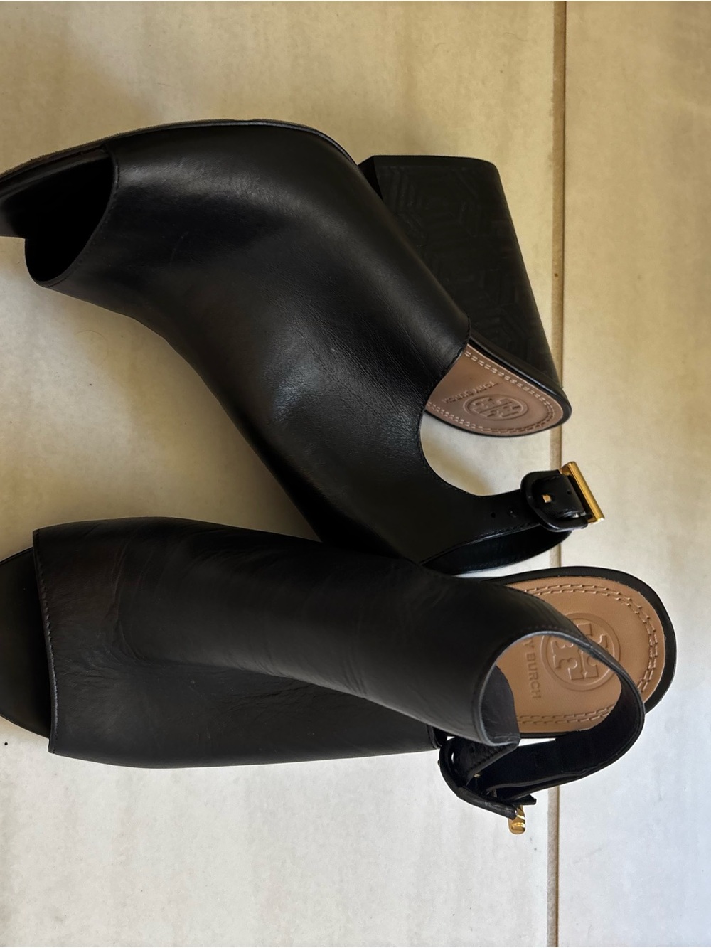 Tory burch Black Leather Open-Toe Slingback Heels with Gold Buckle summer sandal